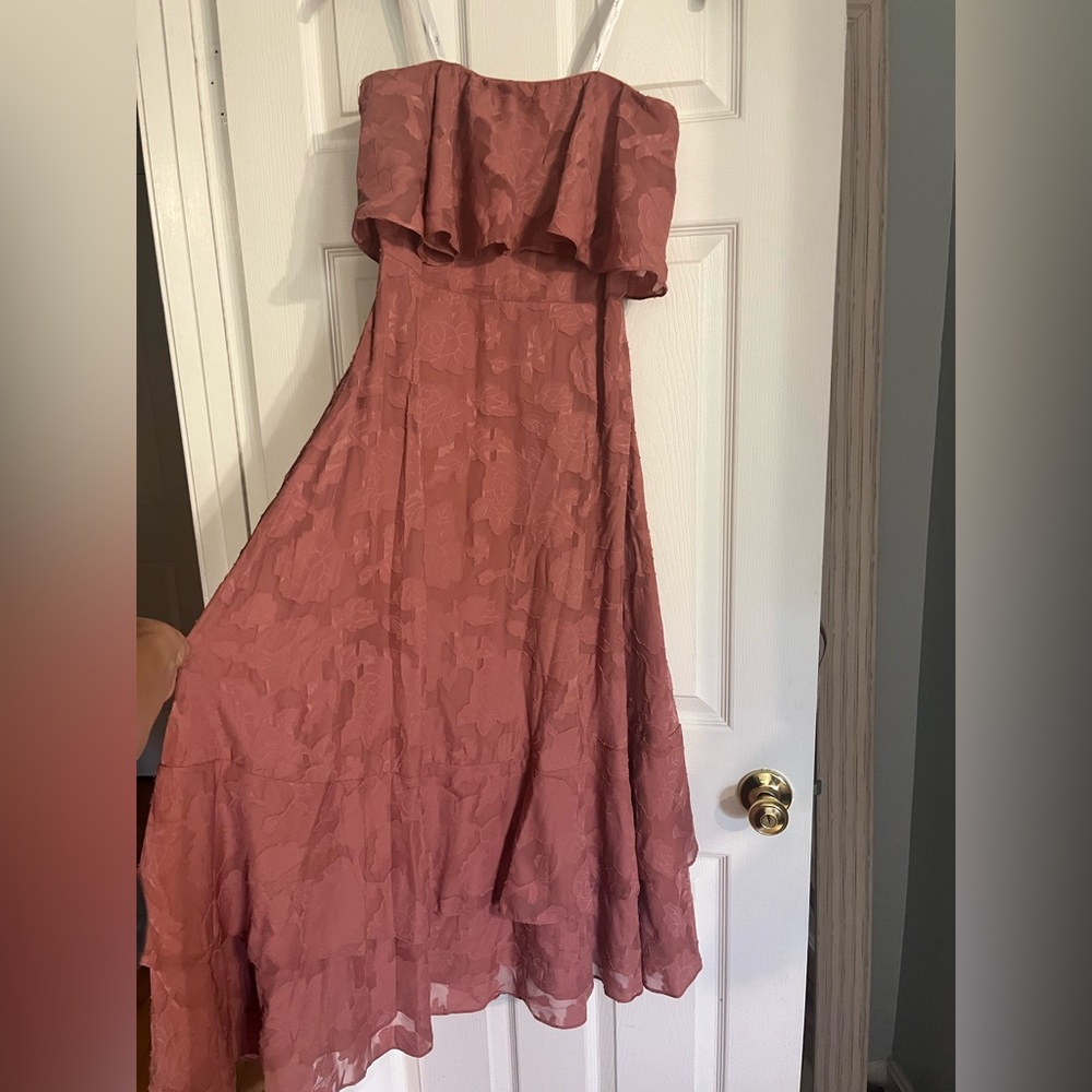 Love You So Truly Rusty Rose Burnout Floral Strapless Midi Dress